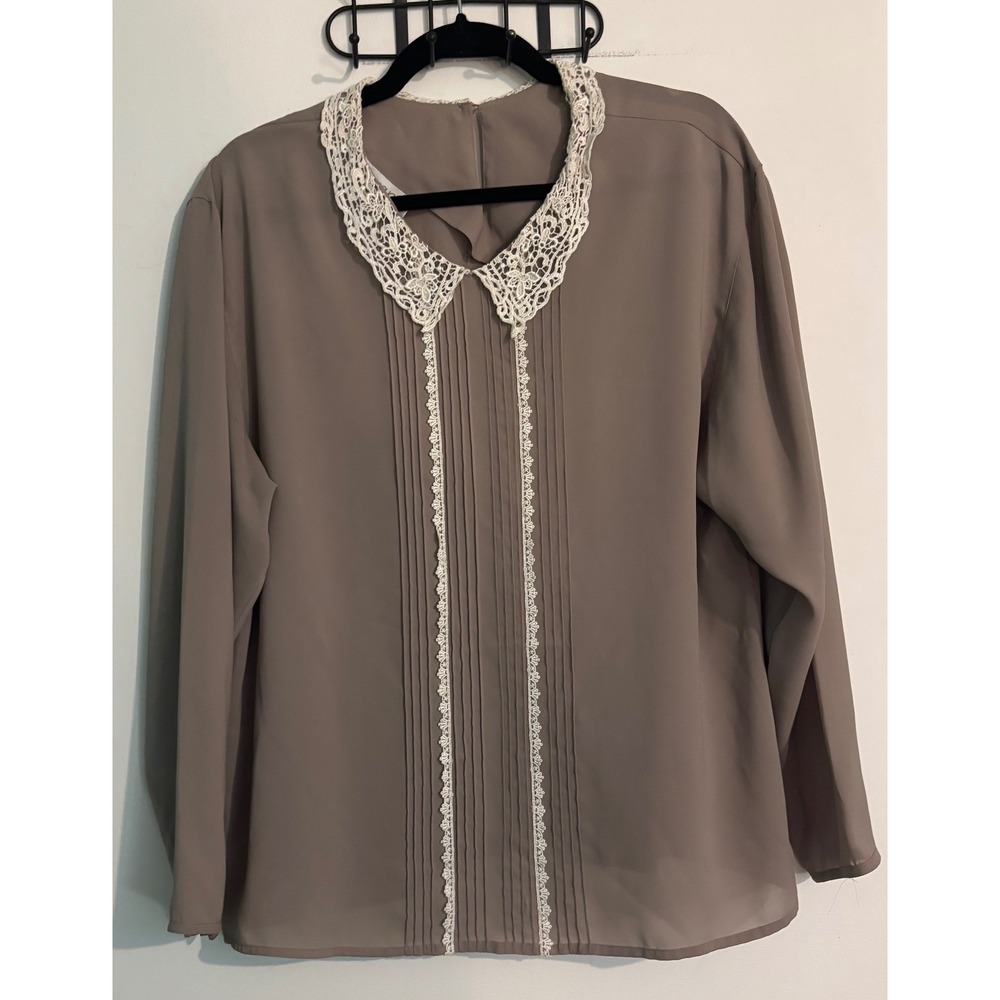 80s Vintage Ship'N Shore Womens 12 Blouse Long Sleeve Pleated Chiffon Lace